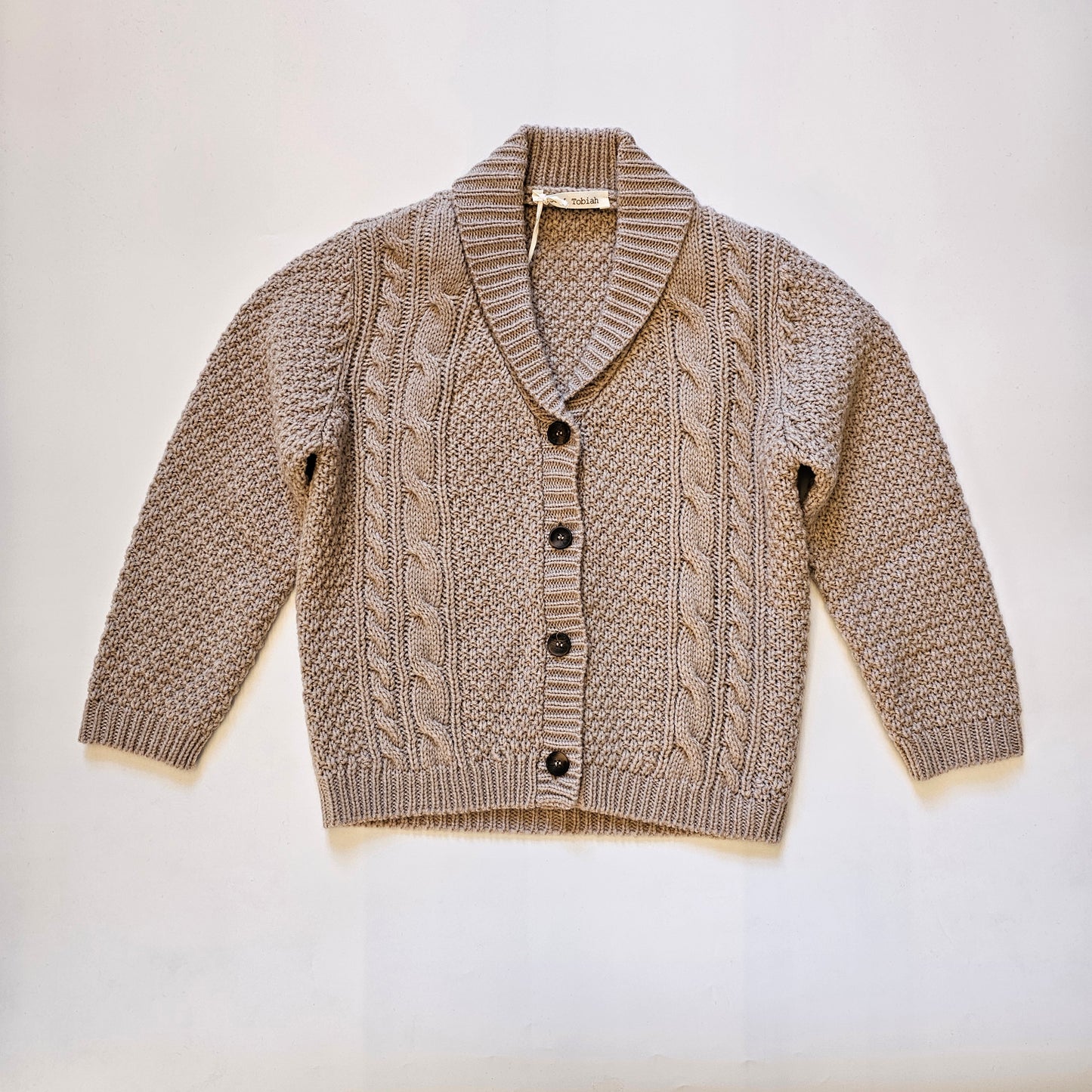 Cardigan per Bambino in Maglia a Treccia – Collo Sciallato, Beige