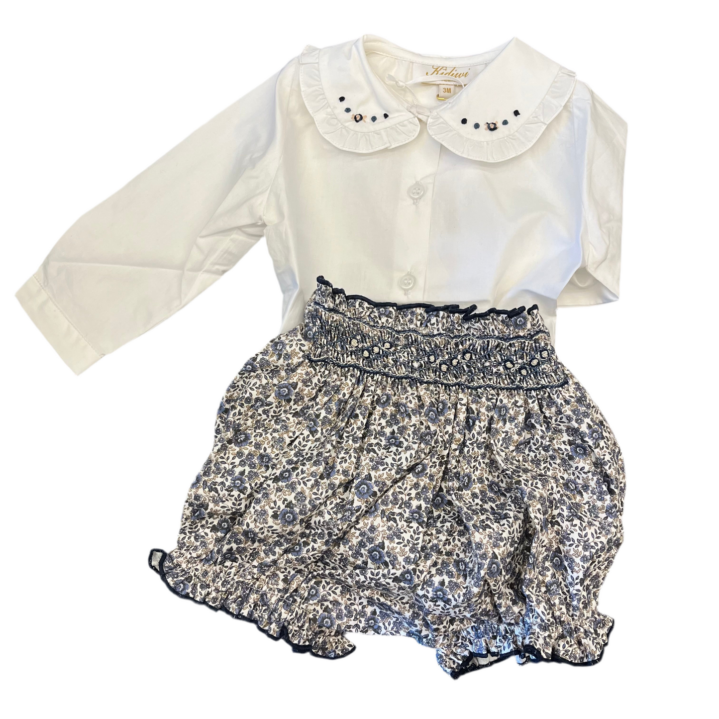 Myrtille, Smocked Girl Bloomer, In Navy Blue Print