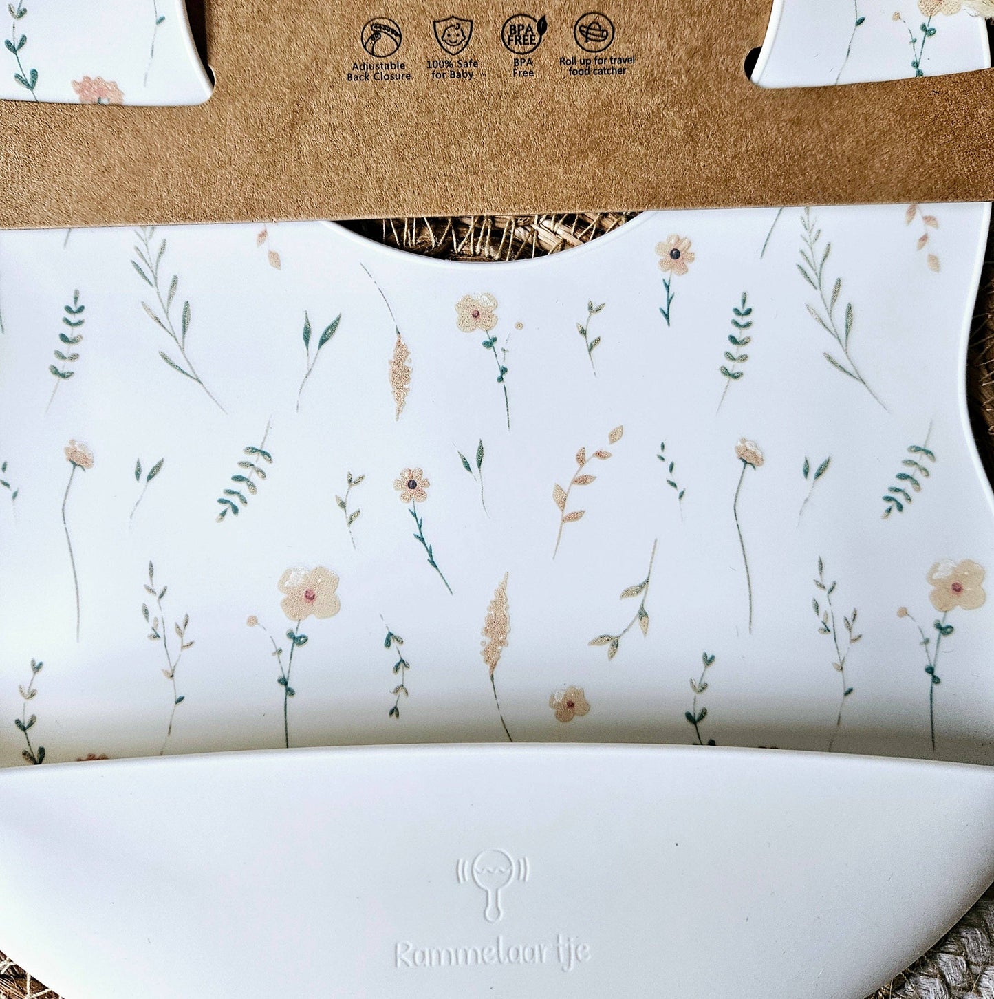 Bavaglino in silicone con vassoio di raccolta Bianco - Wild flower print spring