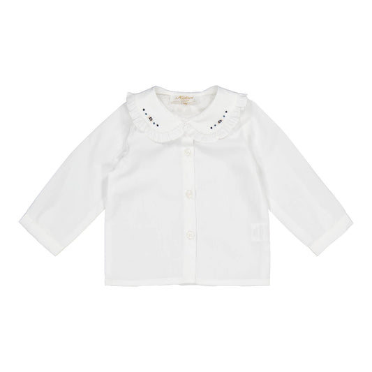 Hélena, Camicetta da ragazza, in popeline bianco con ricamo blu navy