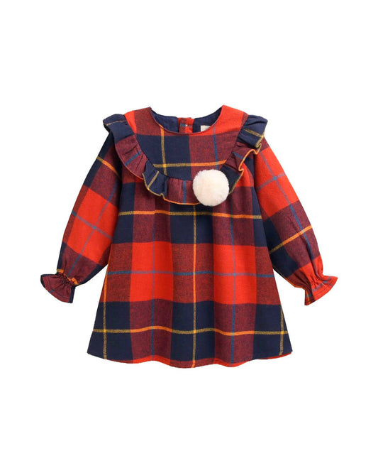 Abito da bambino in tartan scozzese rosso e blu con pompon