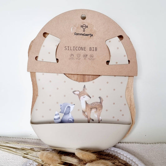 Bavaglino in silicone con vassoio a forma di cervo e procione - Beige
