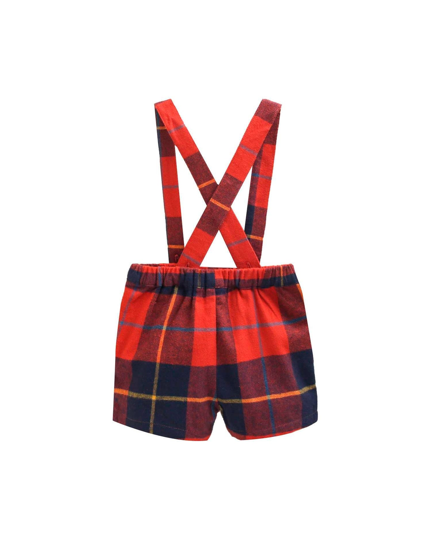 Pantaloncini da neonato con cinturini in tartan rosso e blu a quadretti