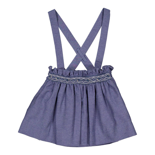 Louise, Gonna a Pieghe, In Denim Blu a Spina di Pesce Chiaro