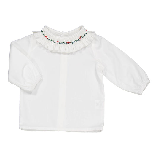 Faye, Camicetta da Ragazza, In Popeline Bianco Con Ricamo di Agrifoglio