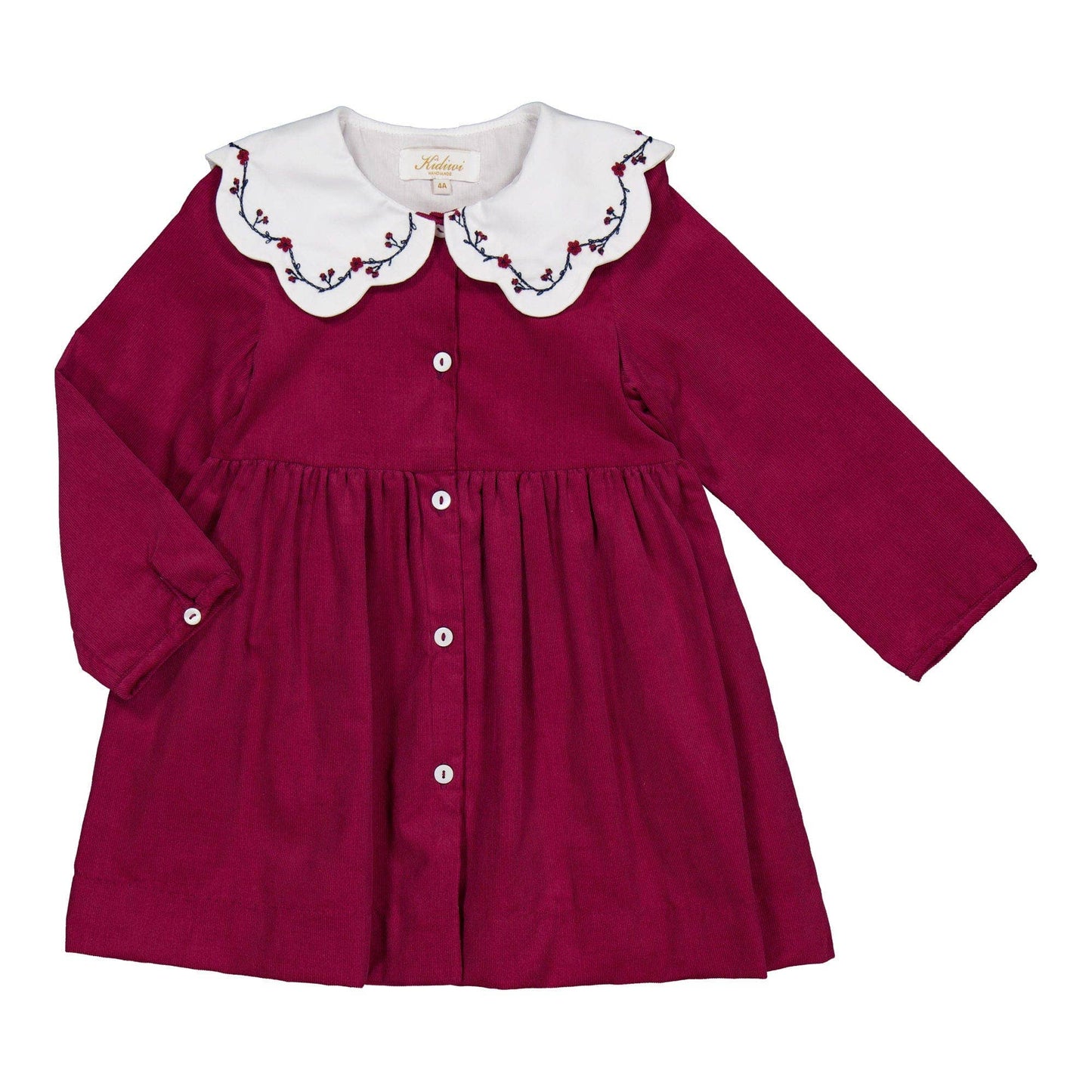 Colette, abito ricamato, in velluto a coste bordeaux