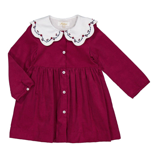 Colette, abito ricamato, in velluto a coste bordeaux