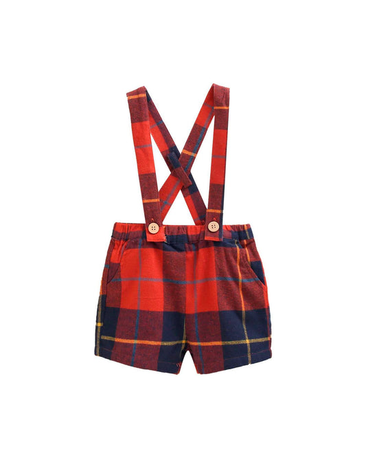 Pantaloncini da neonato con cinturini in tartan rosso e blu a quadretti