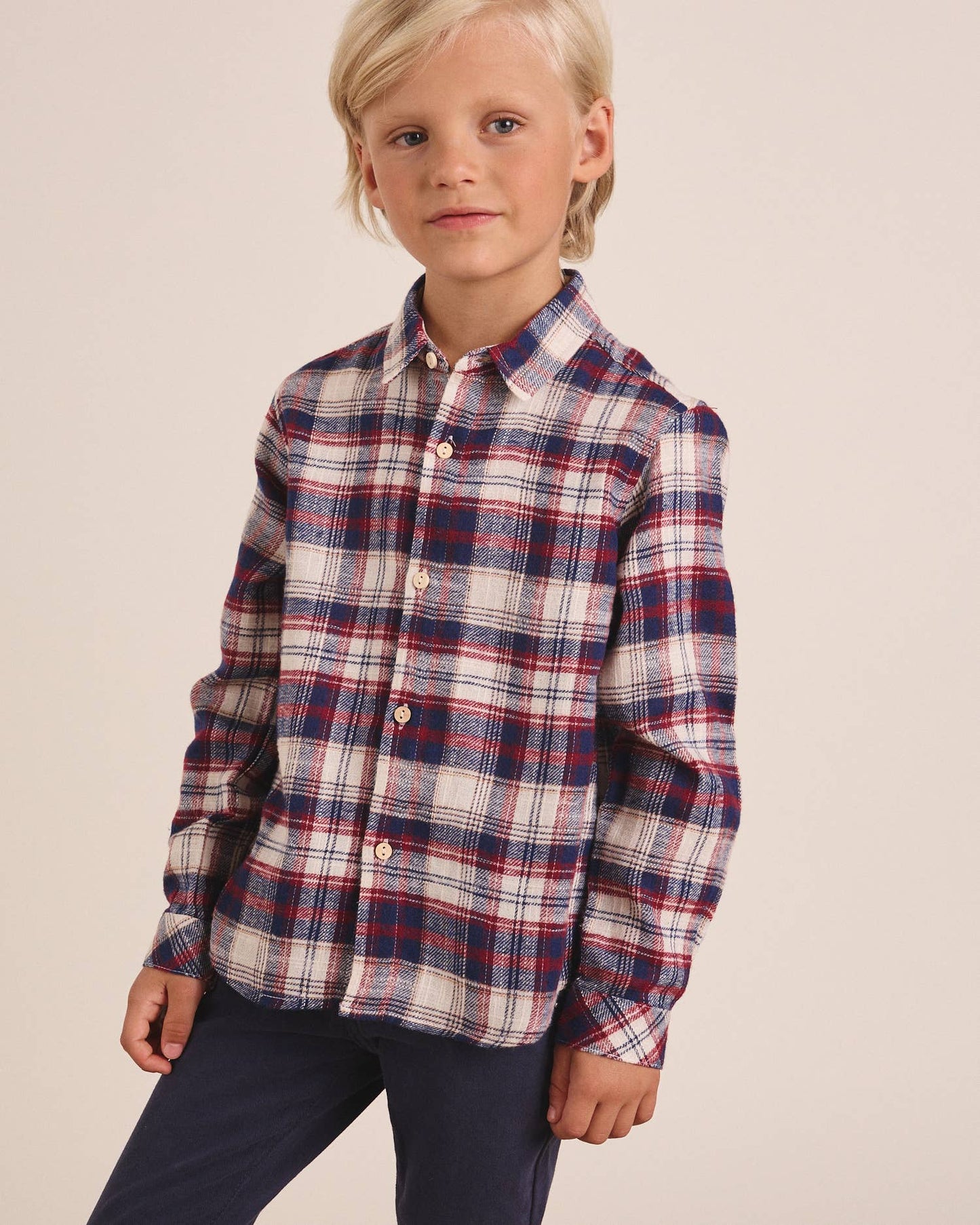 Camicia in flanella per ragazzi in tartan blu-bordeaux