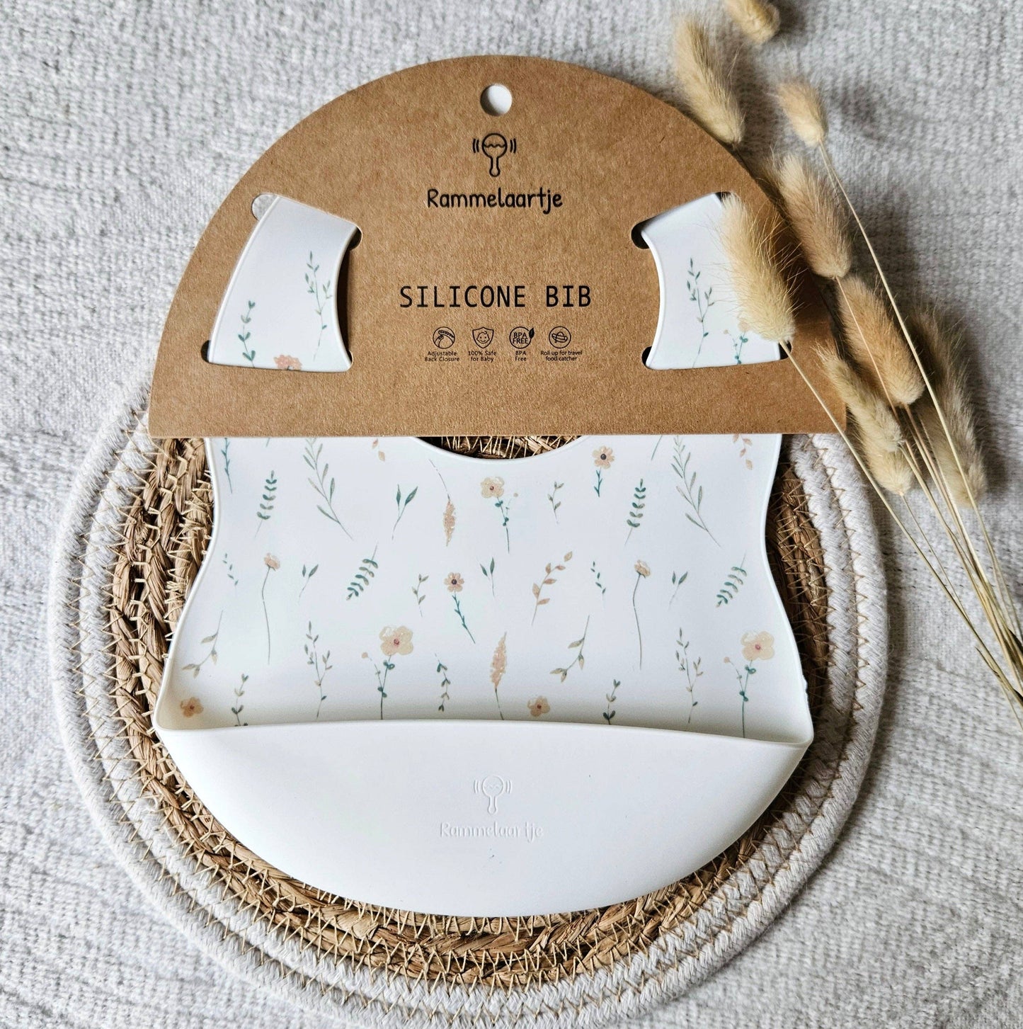 Bavaglino in silicone con vassoio di raccolta Bianco - Wild flower print spring