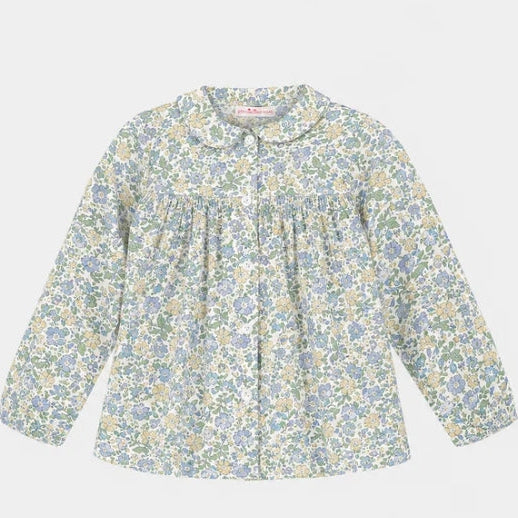 🐡Camicia P.Smock M/Lunga Bambina Liberty Metallic Celeste P.R