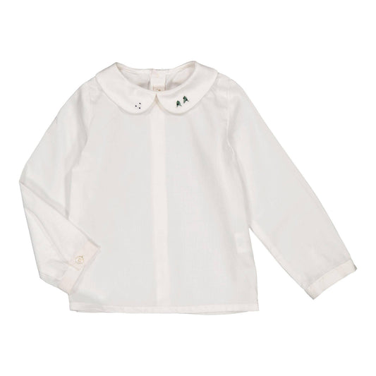 Harry, camicetta in twill bianco biologico con ricami di abeti verdi