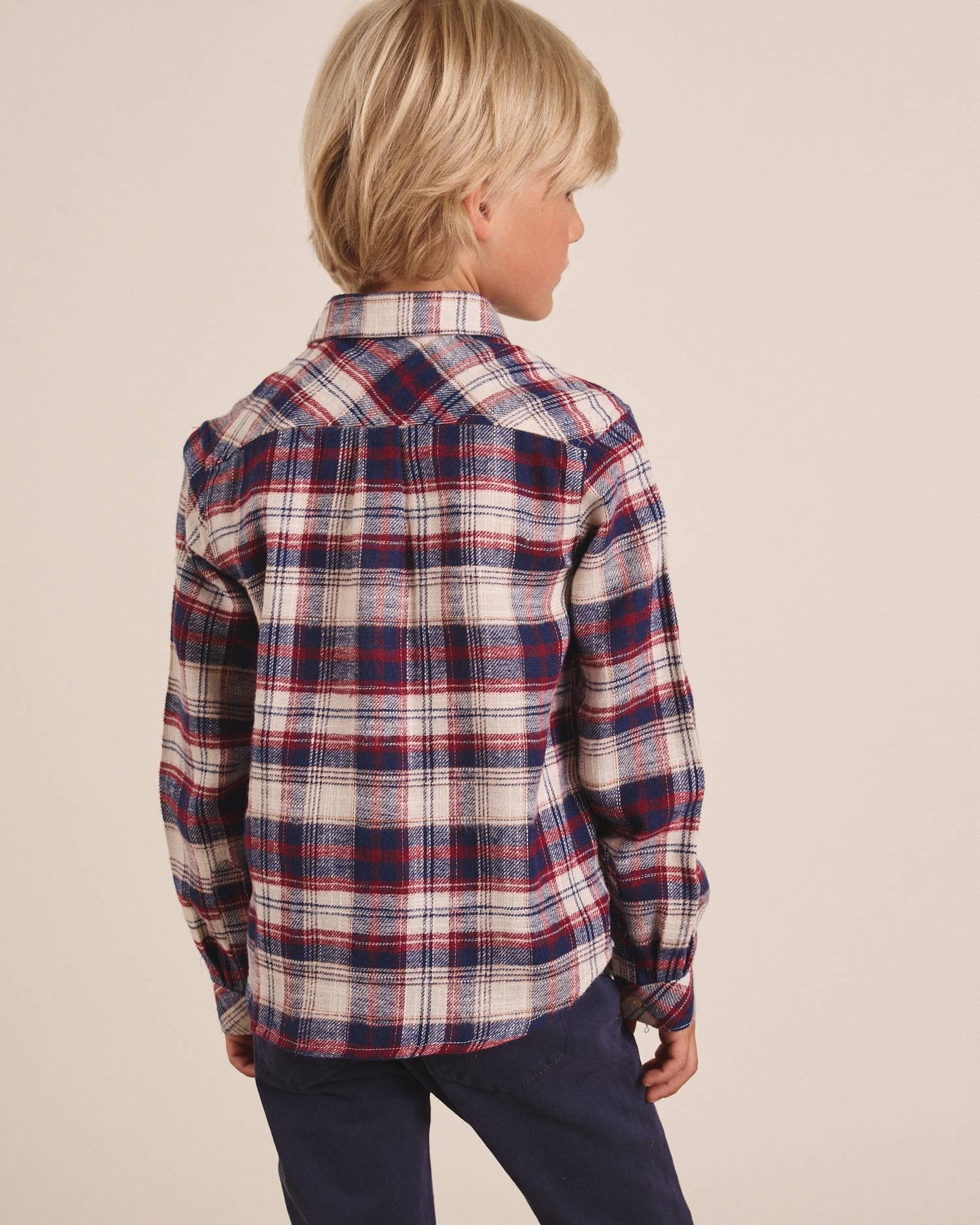 Camicia in flanella per ragazzi in tartan blu-bordeaux